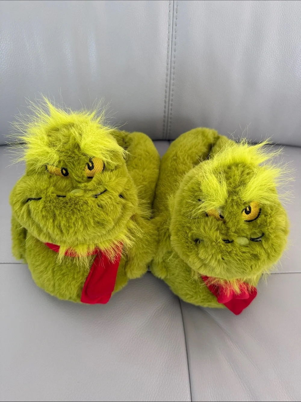 Kids Plush Grinch-Inspired Green Cozy Slippers with Red Scarf Detail